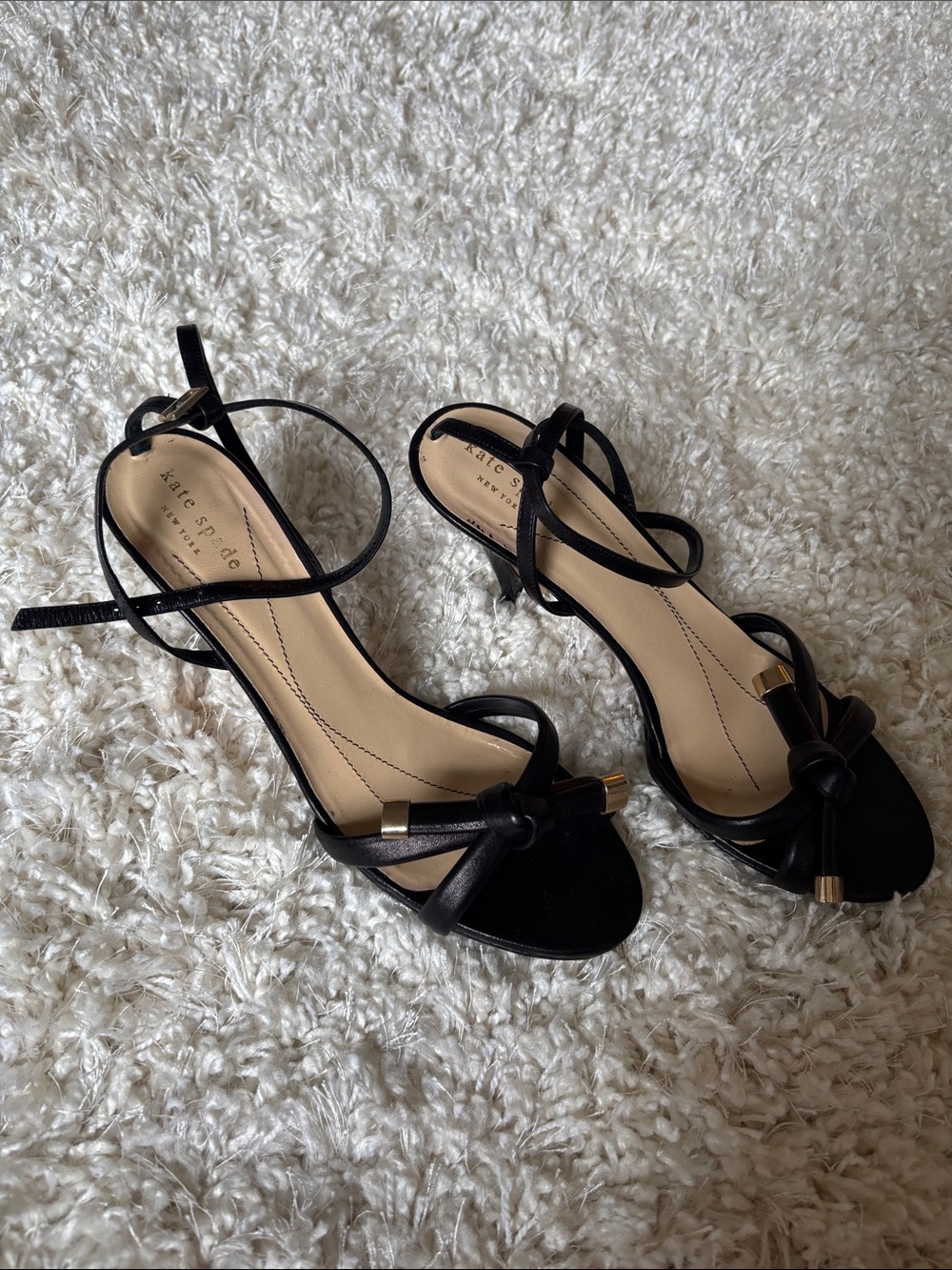 kate spade Black Knotted Ankle-Strap Heels with Gold Accents